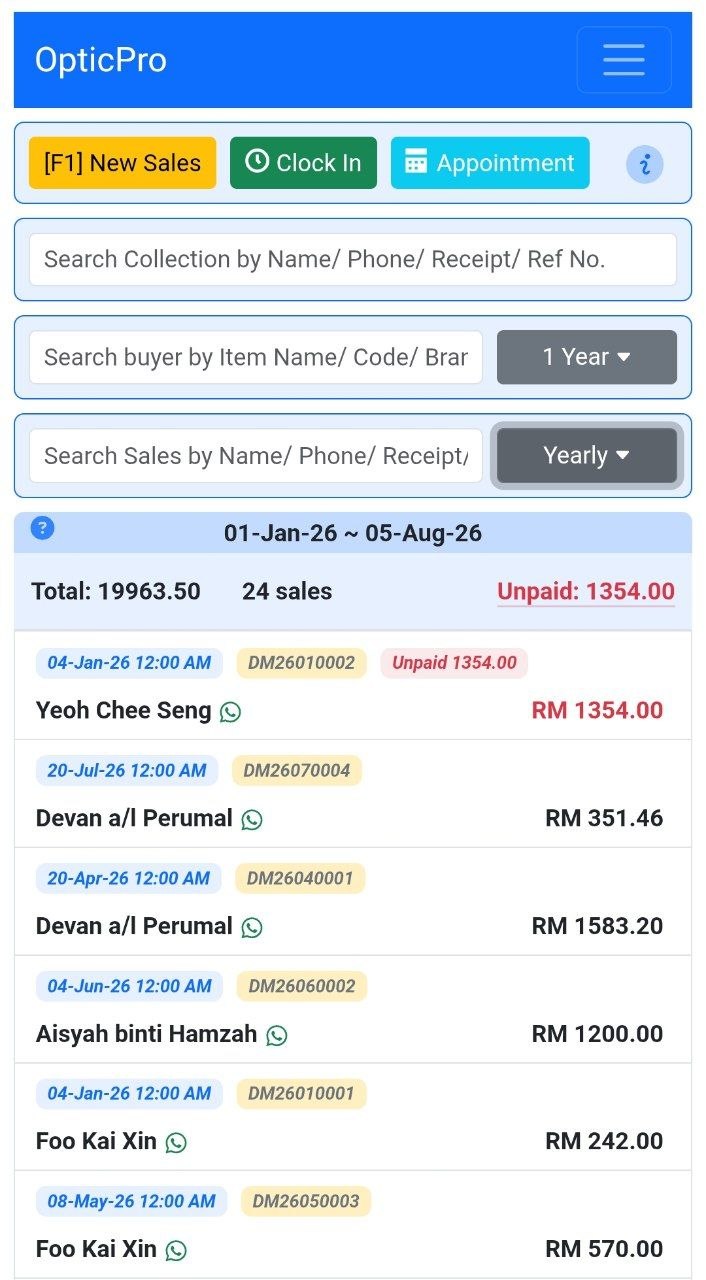 OpticPro running on a phone: the home screen with New Sales, Clock In and Appointment buttons, collection and buyer search, and the year's sales listed below — 24 sales totalling RM 19,963.50 with RM 1,354.00 unpaid